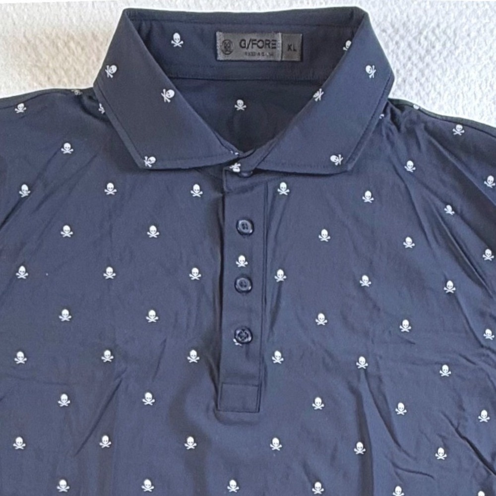 G/FORE Polo Shirt Mens‎ XL Skull & Crossbones AOP Whisper Rock Stretch Navy Blue